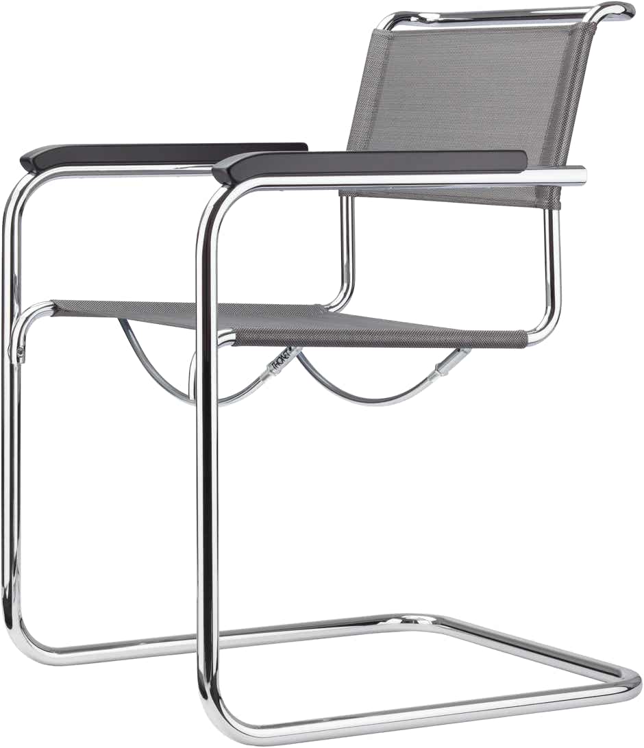 S34 Chair – Silver synthetic fibre / Chrome  (black beech armrests)