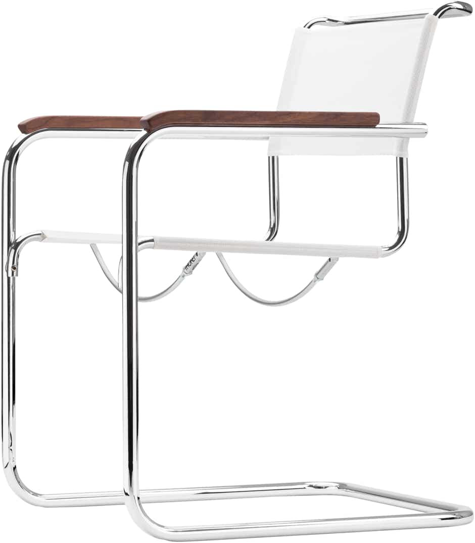 S34 Chair – White synthetic fibre / Chrome  (lacquered walnut armrests)